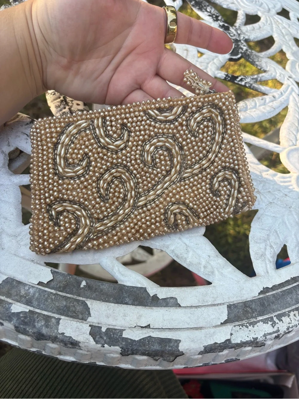 Vintage 60s Emson Handmade Pearl Swirl Beaded Clutch Evening Bag Japan